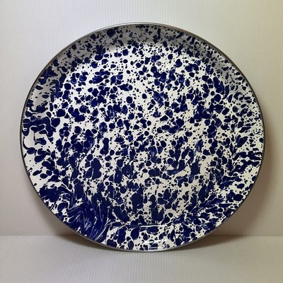 Golden Rabbit Enamelware COBALT SWIRL ~ 13'' Large Round Serving Tray, Blue White