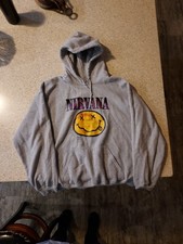 NIRVANA Adult Large Gray Graphic Print HOODIE Sweatshirt Smiley Face