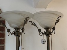 Pair Art Deco Standard Lamps Brass Uplighter Frosted Glass Shades