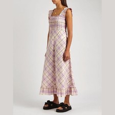 Ganni - Seersucker Plaid Smocked Purple Midi Romantic Dress Size US 10/12 EU 42