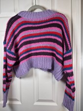 Crop Sweater striped Drop shoulder Purple Pink Blue Hipster Size L