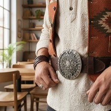 Men Women Belt Buckle Dark Silver Metal Western Fashion Aztec Calendar Mayan