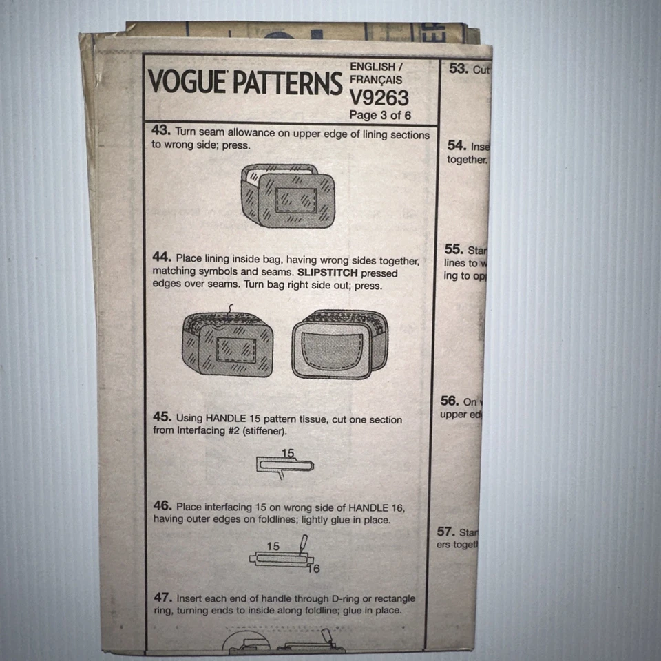 Vogue 9263 V9263 Kathryn Brenne Bag Handbag Sewing Pattern 1 Size Contrast Quilt - Image 4 of 4