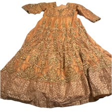 Gold Anarkali Net Salwar Kameez with Embroidery and Dupatta for Women