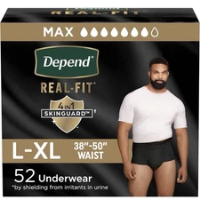 Depend Real Fit Incontinence Underwear for Men, Disposable, L-XL, Black, 52Ct