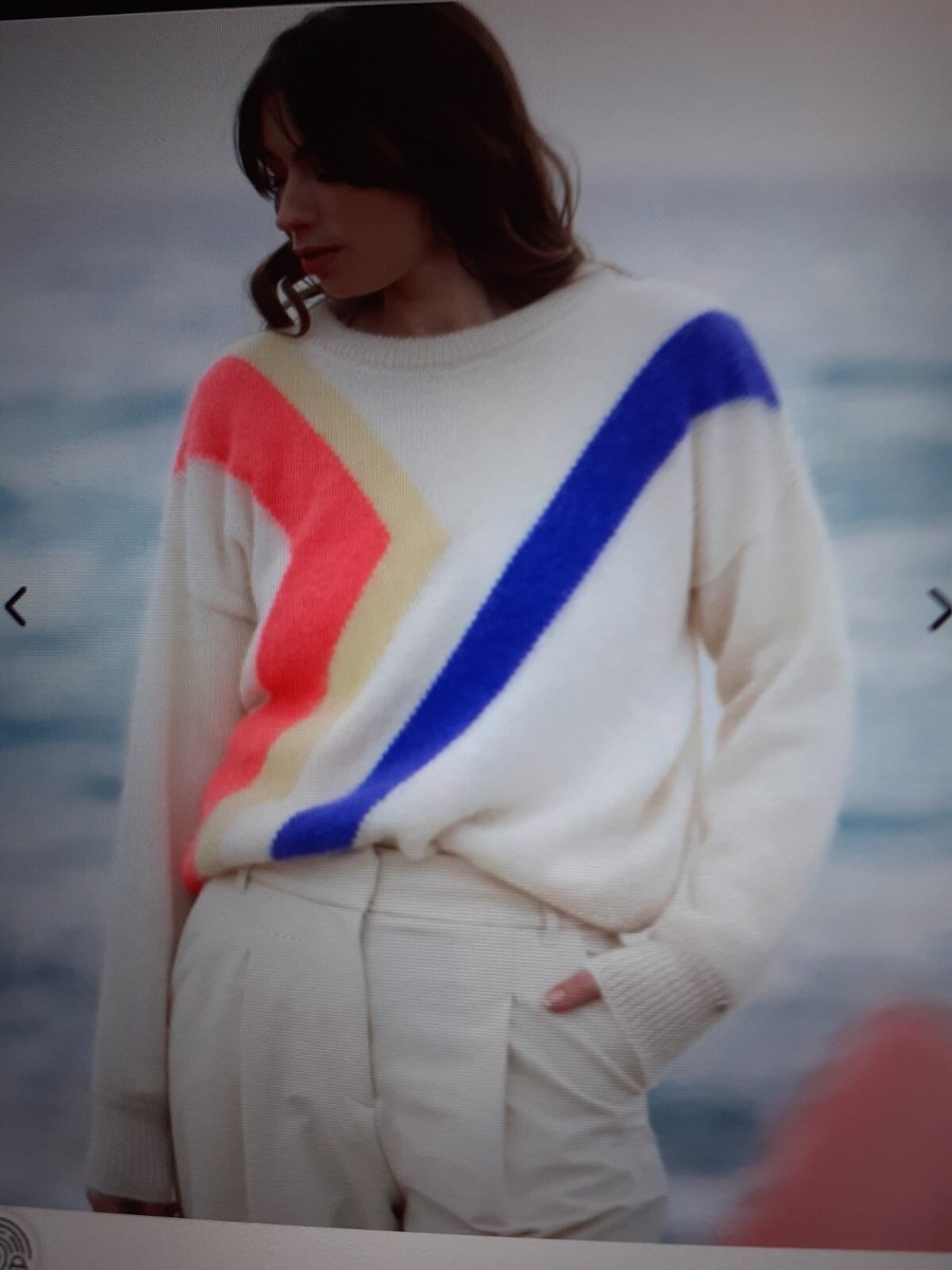 Pull Anny Blatt Ines - Angora, Mohair, Soie - Bleu Rayé - Taille XL - Fait Main En France
