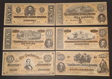 6 Lot Confederate States of America Bills $1 $5 $10 $20 $50 $100 Whitman Series