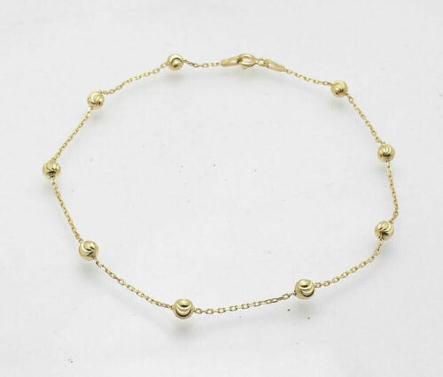 Italian Solid Moon Cut Bead Ankle Bracelet Anklet 14K Yellow Gold Plated Silver - Picture 1 of 4