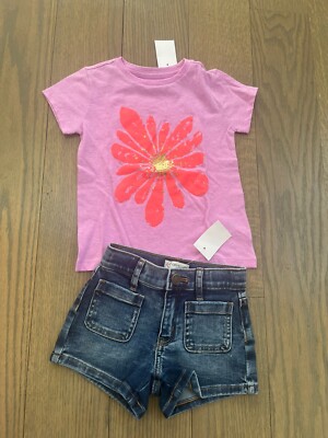 Crewcuts Girls Size 2 Outfit Denim Shorts And Embedded S/S T-shirt  New