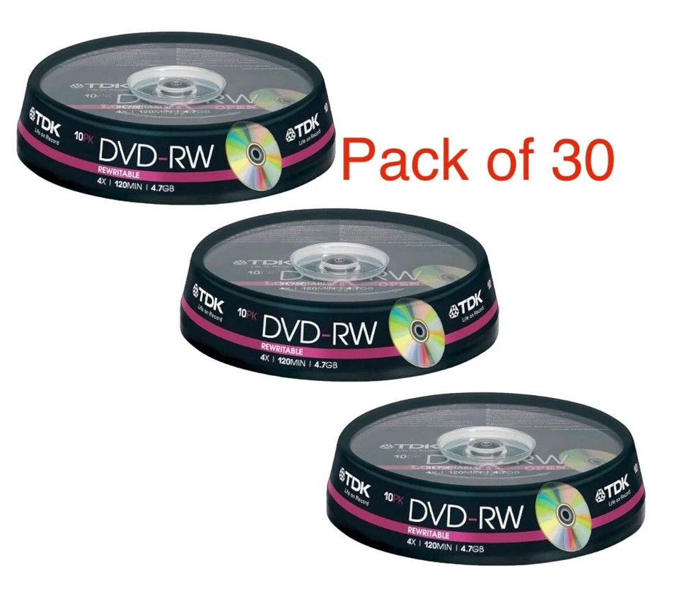 30 discos DVD-RW en blanco TDK (4x 120 min 4,7 GB) DVD de vídeo/datos regrabable
