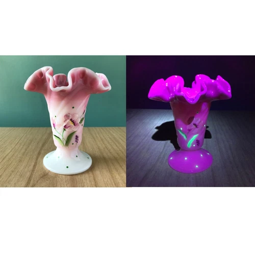 Signed Hand Painted Linda Everson Fenton Burmese Shiny Rose Glass Vase GlowsPink