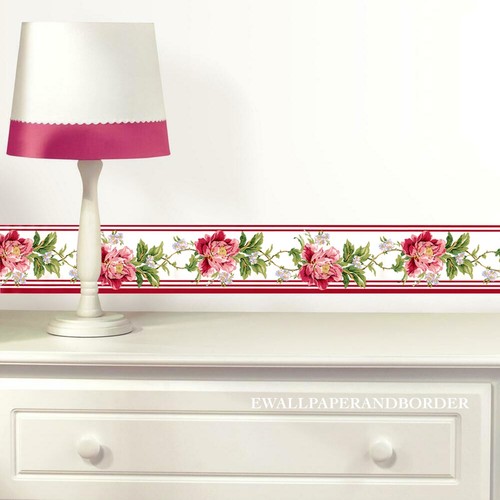 Waverly Floral Wallpaper Border Pink Red Vintage Rose Cabbage Flower,15' x 6.83" - 第 2/5 張圖片