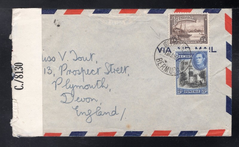 Bermuda 1945 Ireland Island to UK Censored Airmail w/ 3p & 1s6p, Scott 114, 121A