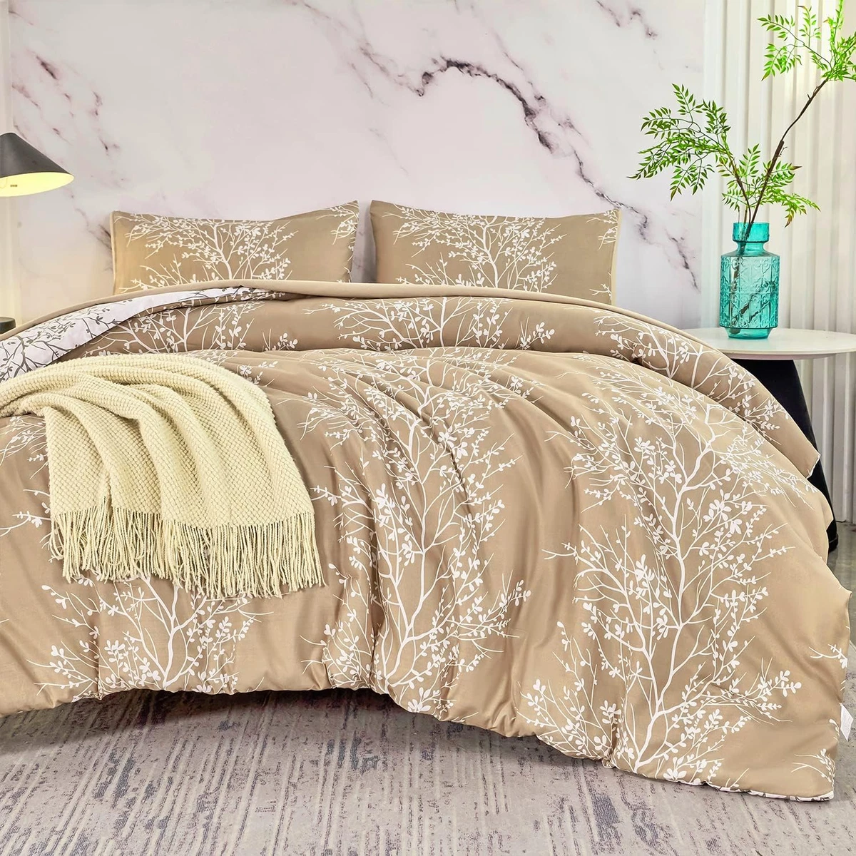 King Size Taupe Comforter Set 5 Piece Floral Branch Print Bedding Farmhouse Styl
