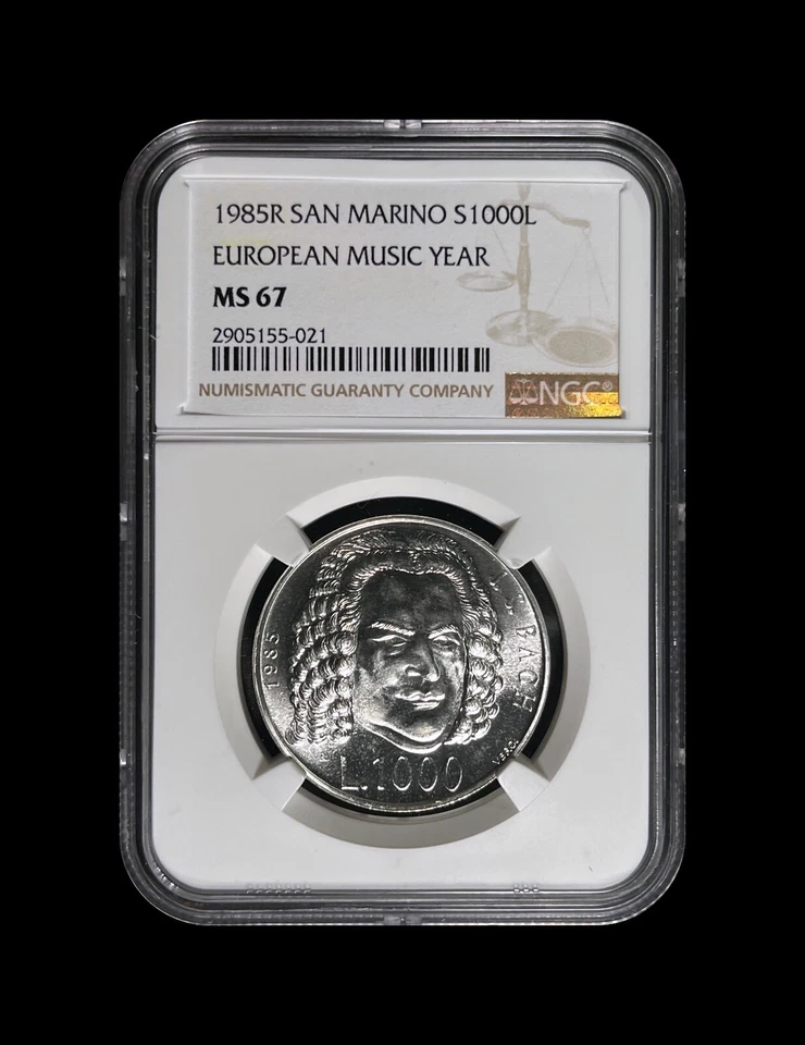 SAN MARINO. 1985, 1000 Lire, Silver - NGC MS67 - Top Pop 🥇 Music Year, Bach - Image 2 of 4