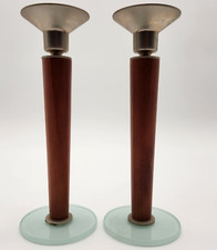 2 MCM Danish Teak Aluminum  Frosted Glass 8-1/4" Candlestick Holders