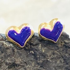 14K Solid Yellow Gold Purple Heart Earrings Stud Enamel Dainty Child .18gr 3x6mm