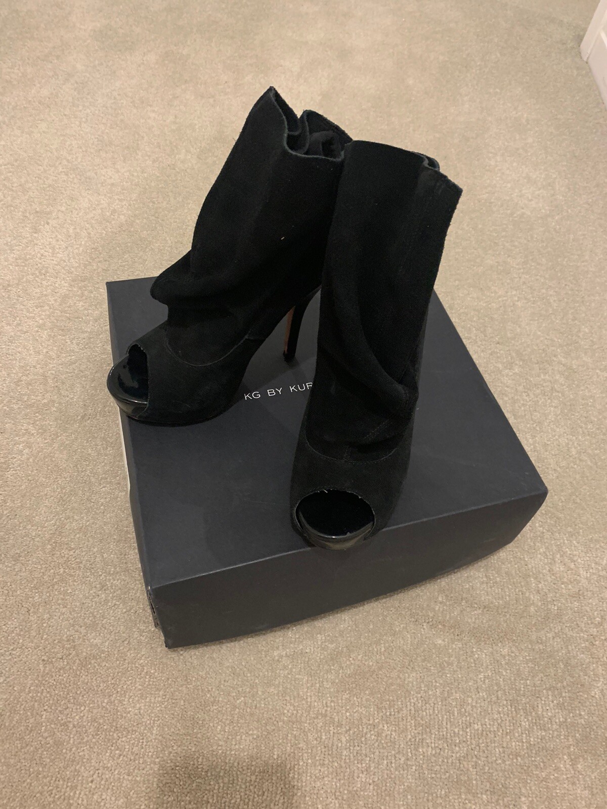 Kurt Geiger Black Suede Peep Toe Ankle 