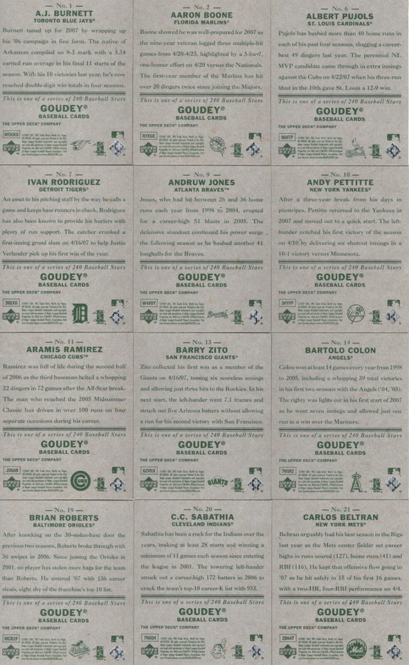 2007 Upper Deck GOUDEY  BASEBALL (GREEN BACK)  (#1---#200)   ***YOU PICK*** - Image 2 of 2