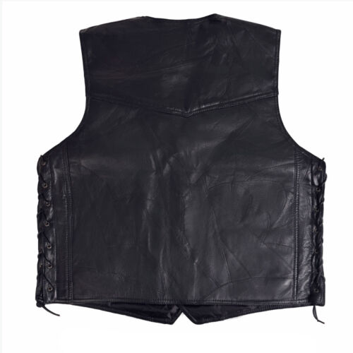 Genuine LEATHER Black VEST Mens Motorcycle MC Biker Adjustable Side Laces Lined - Picture 5 of 6