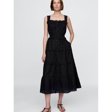 Gap x DOEN Eyelet Midi Dress sz M Black Tiered boho coquette 90s embroidered