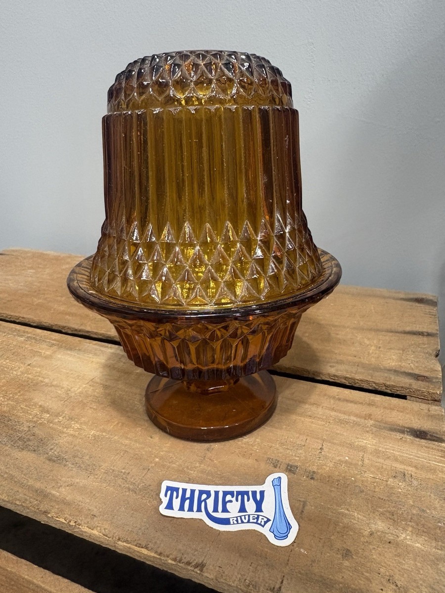 Vintage Indiana Glass Diamond Point Fairy Lamp Amber Color 6.5