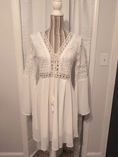 White Bohemian Lace Crochet Chiffon Dress With Bell Sleeves Size Medium