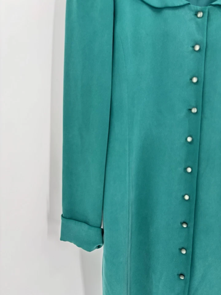 Dana Buchman Vintage Dress Womens 4 Teal Green Blue 100% Silk Button Front Midi - Image 4 of 4