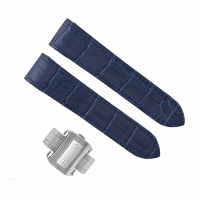 23MM LEATHER BAND STRAP DEPLOYMENT FIT 38MM CARTIER SANTOS 100 XL + CLASP BLUE