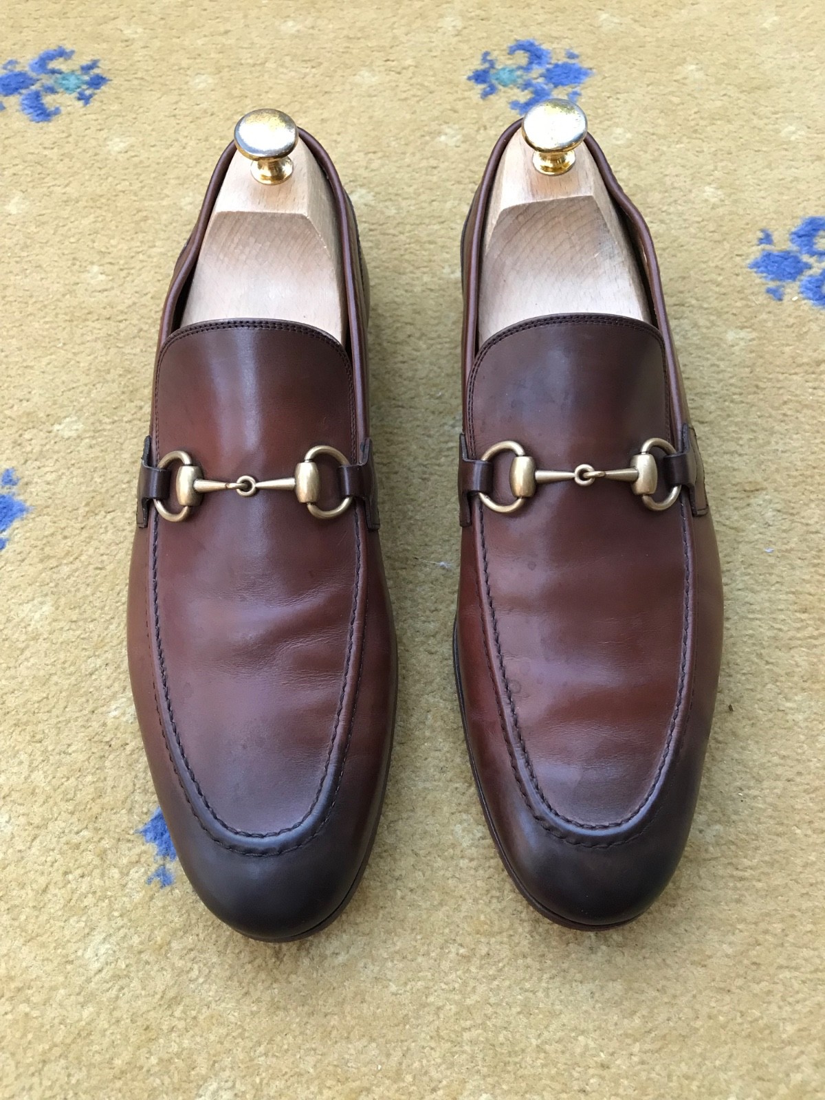 Gucci Jordaan Brown Leather Loafers with Gold Horsebit Mens UK 8 US 9 EU 42-image
