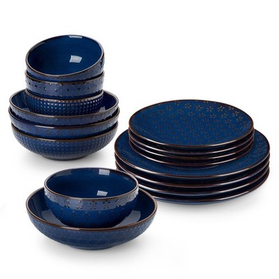 MALACASA 16-Piece Blue/White Stoneware Dinnerware Set Embossed Bowl & Plate Set