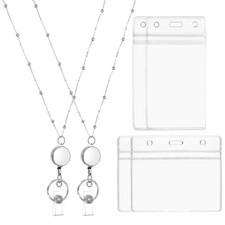 2 Pcs Round Badge Necklace Lanyard with 2 Set ID Holder, Silver Tone