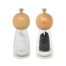 Image of Salt & Pepper Mill 17cm Plastic Manual Grinder Beech Top Golden Knob Shakers Set
