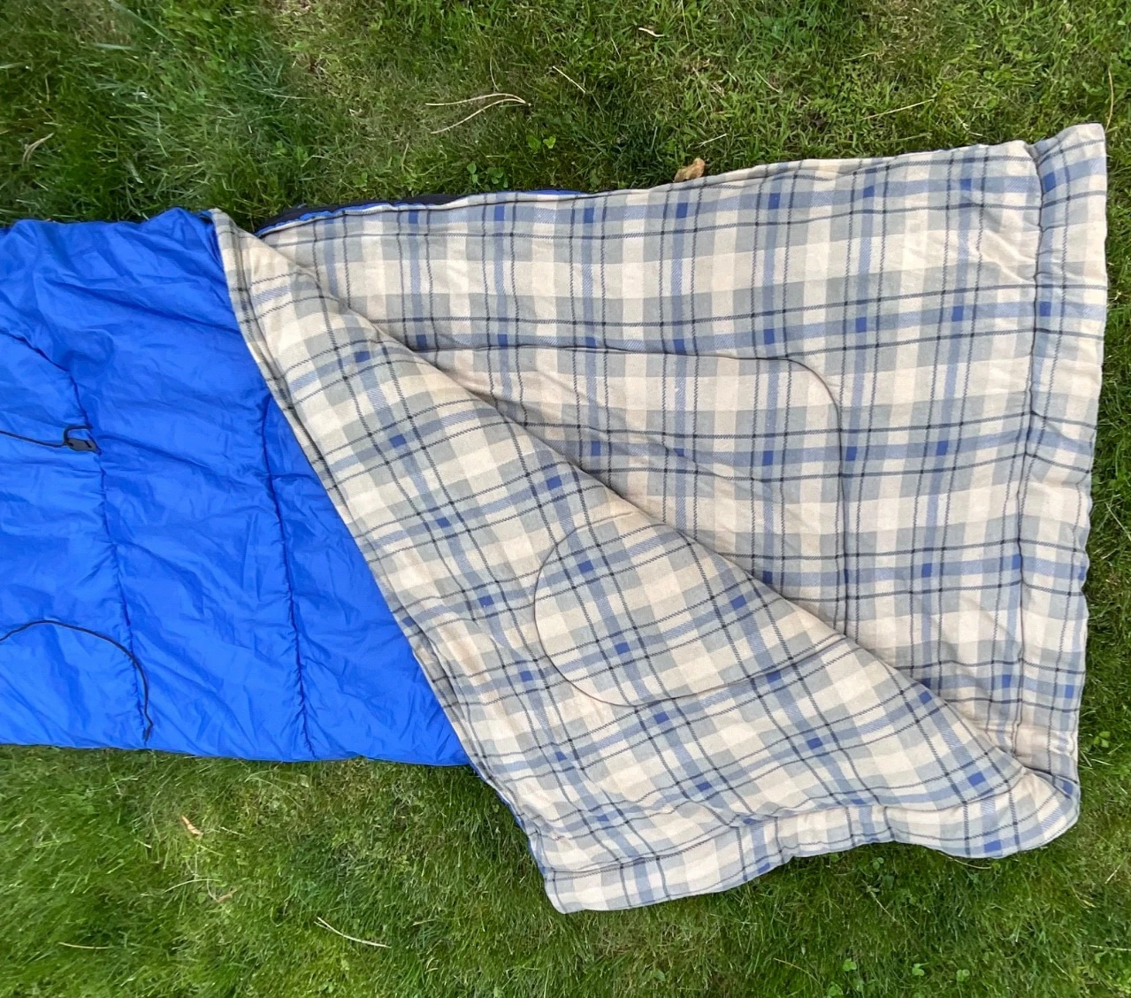 Vintage Coleman Flannel Lined Sleeping Bag Blue Plaid Camping Cabin Cozy