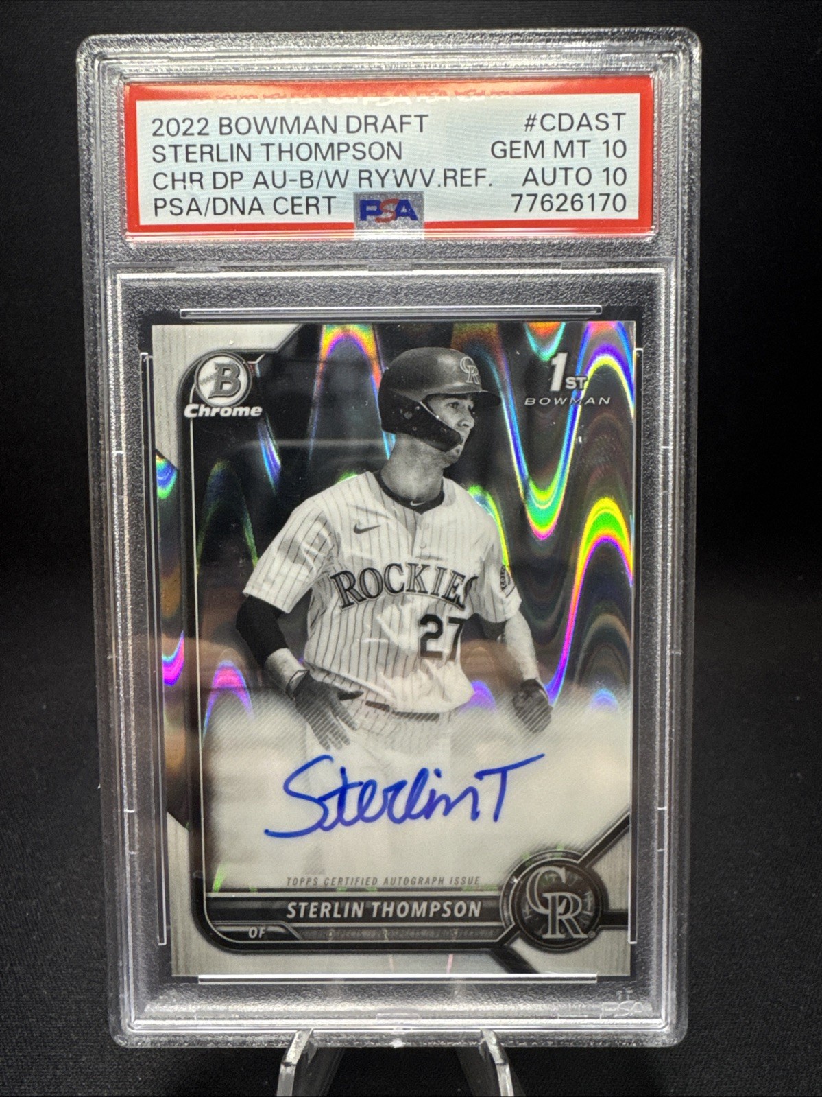 2022 Bowman Draft Sterlin Thompson Chrome 1st Auto Black & White Raywave PSA 10