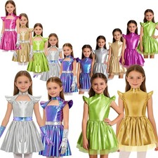 Girls Halloween Alien Costume Outerspace Robot Metallic Dress Party Dancewear