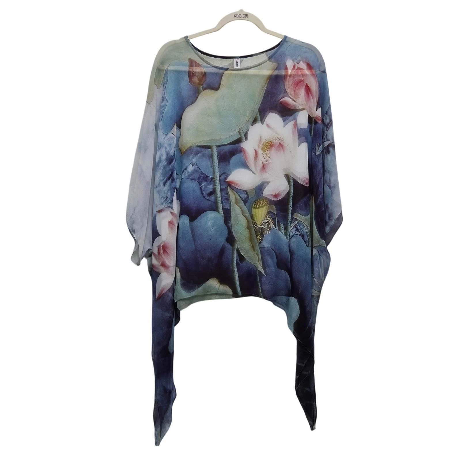 Ecco Silk Poncho Top Womens One Size Blue Lotus Floral Sheer Handkerchief Hem