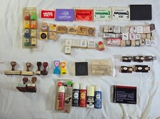 Vintage Wooden Teacher's Ink Stamps Lot of 70 with 7 Ink Pads  5 Roll-On Sticks