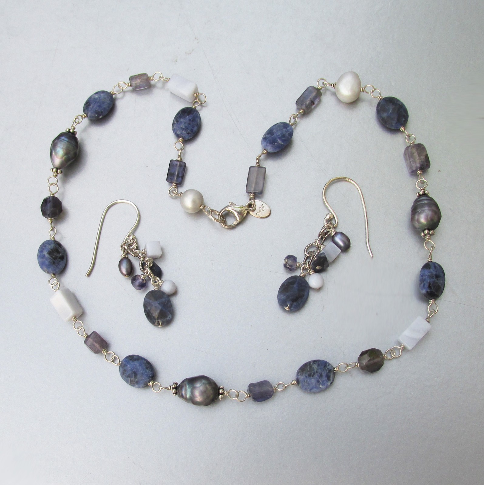 SILPADA Retired Sterling Sodalite Chalcedony Pearl Necklace Earrings Set  N1308