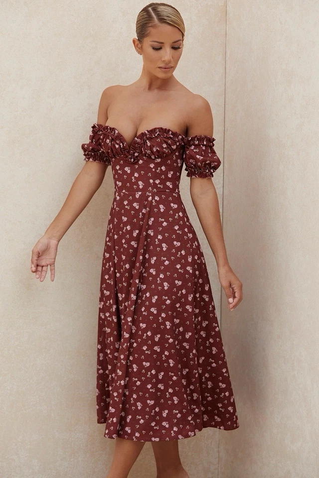 NUEVO Vestido Midi House of CB 'Lauren' Vino Floral Corsé Sin Tirantes Talla L Foto 3 de 4