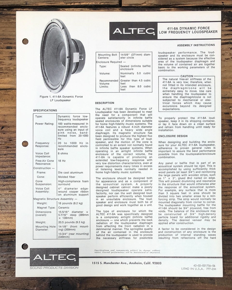 Altec Model 411-8A Speaker Owners / User Manual *Original* #2