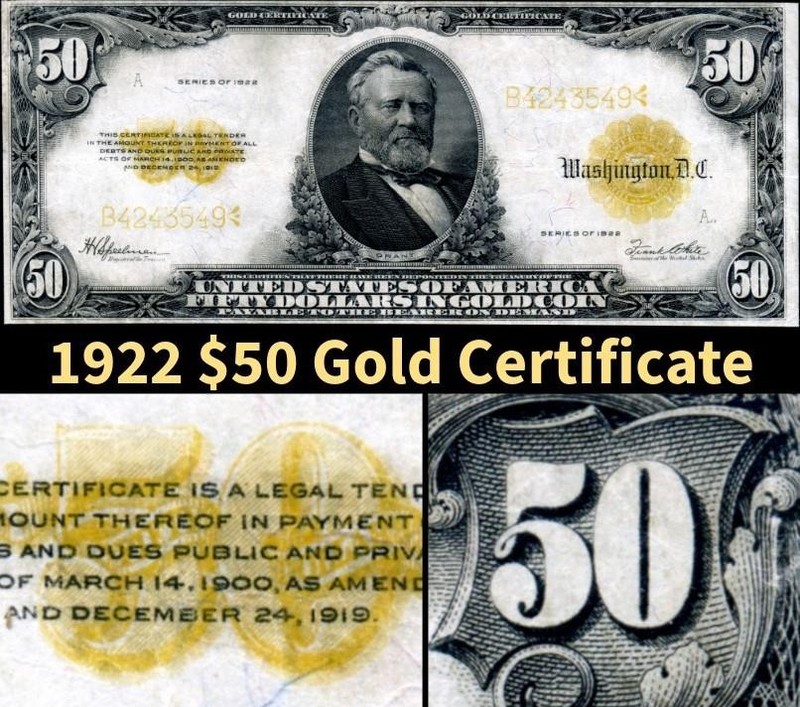 HGR SUNDAY 1922 $50 Gold Certificate (RARE $50 - WANTED) VERY LIGHTLY CIRCULATED