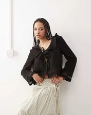 ASOS Reclaimed Vintage Frill Neck Boho Black Top With Fluted Sleeves Size XS