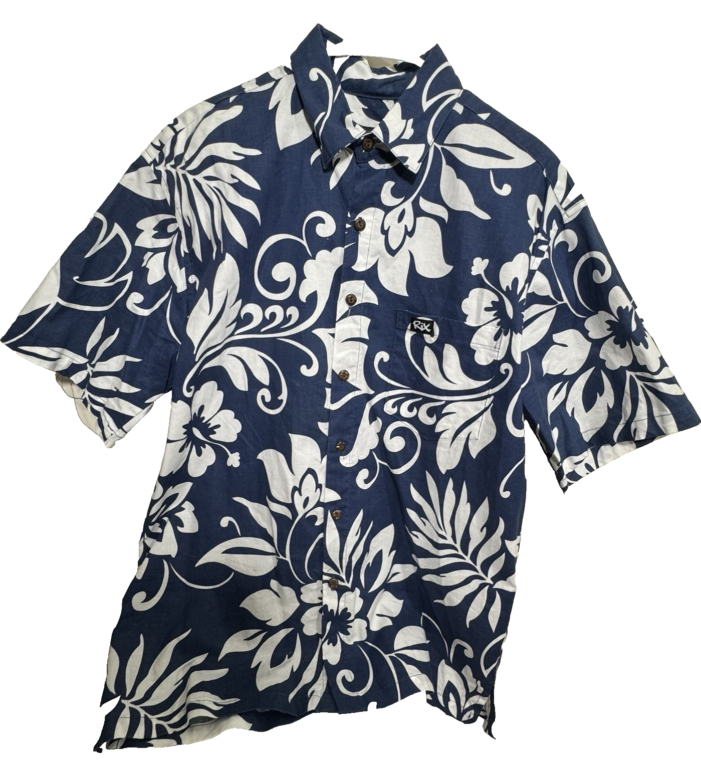 Rix Men's Hawaiian Medium Button Up Blue and White Floral Short Sleeve Shirt