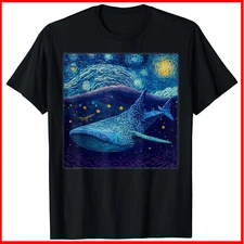 Surrealism Starry Night Whale Shark Black Cotton T-Shirt S-5XL