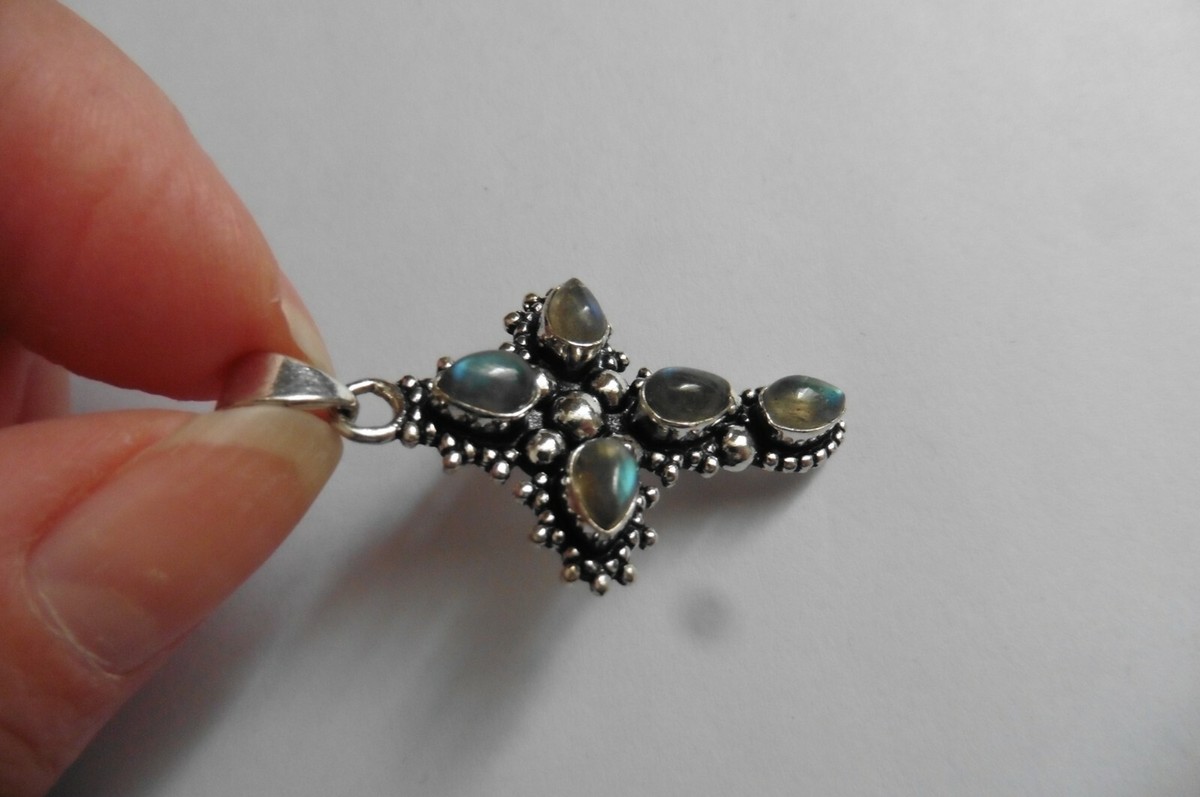 Pendentif Croix En Argent 925 – Serti Labradorite, Longueur 4,4 Cm – Neuf Sans écrin