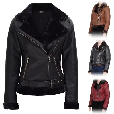 Women's RAF B3 Real Lambskin Leather Shearling Fur Brando Jacket - Aviator Style