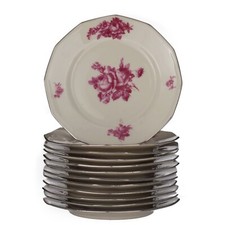 12 Assiettes à Dessert, Gâteau, Fromage Porcelaine de Limoges Fleur Rose 1960