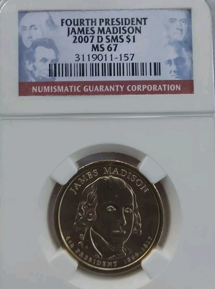 2007 D James Madison Commemorative Dollar-NGC MS67 SMS Statue Of Liberty Rev - Image 3 of 4
