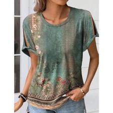 Cutout Printed Round Neck Short Sleeve Blouse